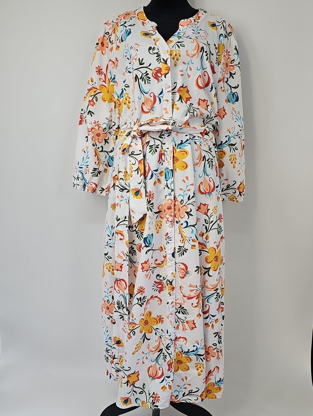 Cottagecore White Floral Button-Front Midi Dress with Belt & Side Pockets Sz:L